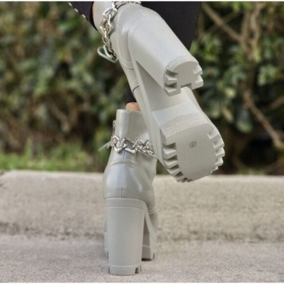 Women's Platform Heel Boots Chunky Ankle Lace Up Olive Color - Picture 5 of 6